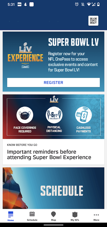 NFL OnePass Home screen