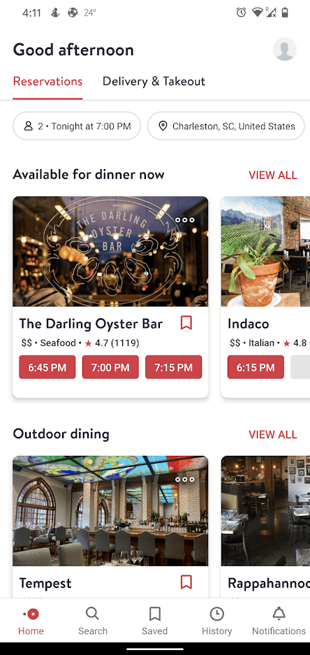 OpenTable Home screen