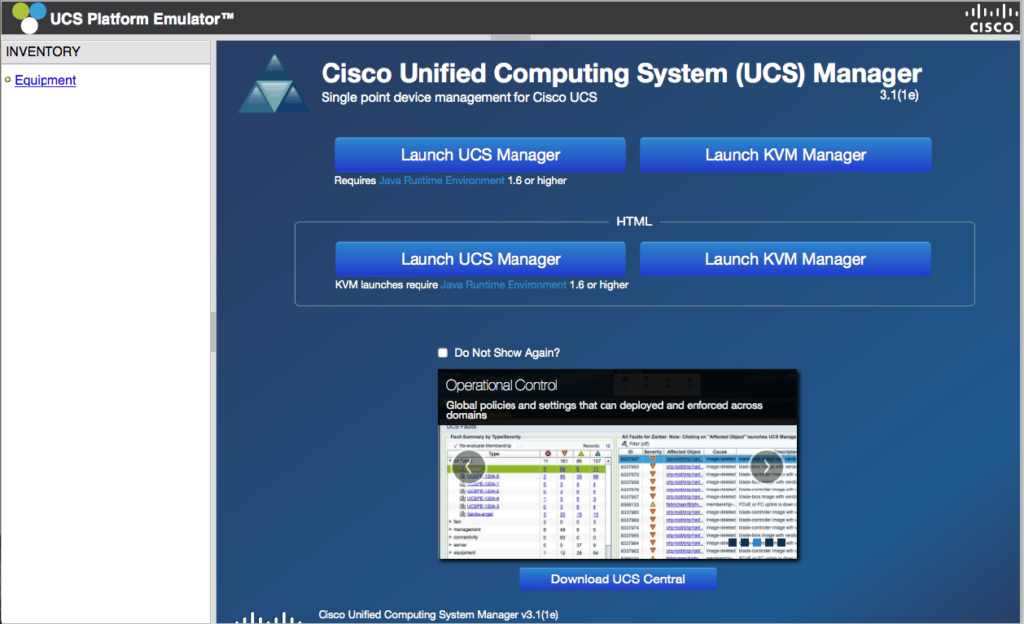 Cisco UCS Emulator Welcome page