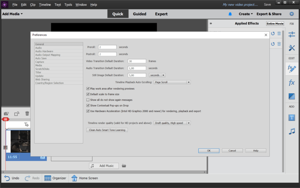 Adobe Premiere Elements General settings