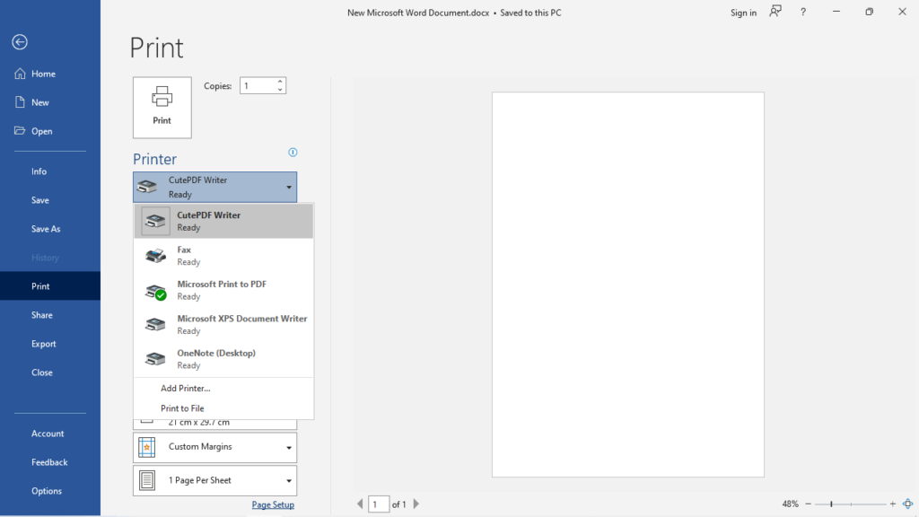 CutePDF Writer Microsoft Word Print menu