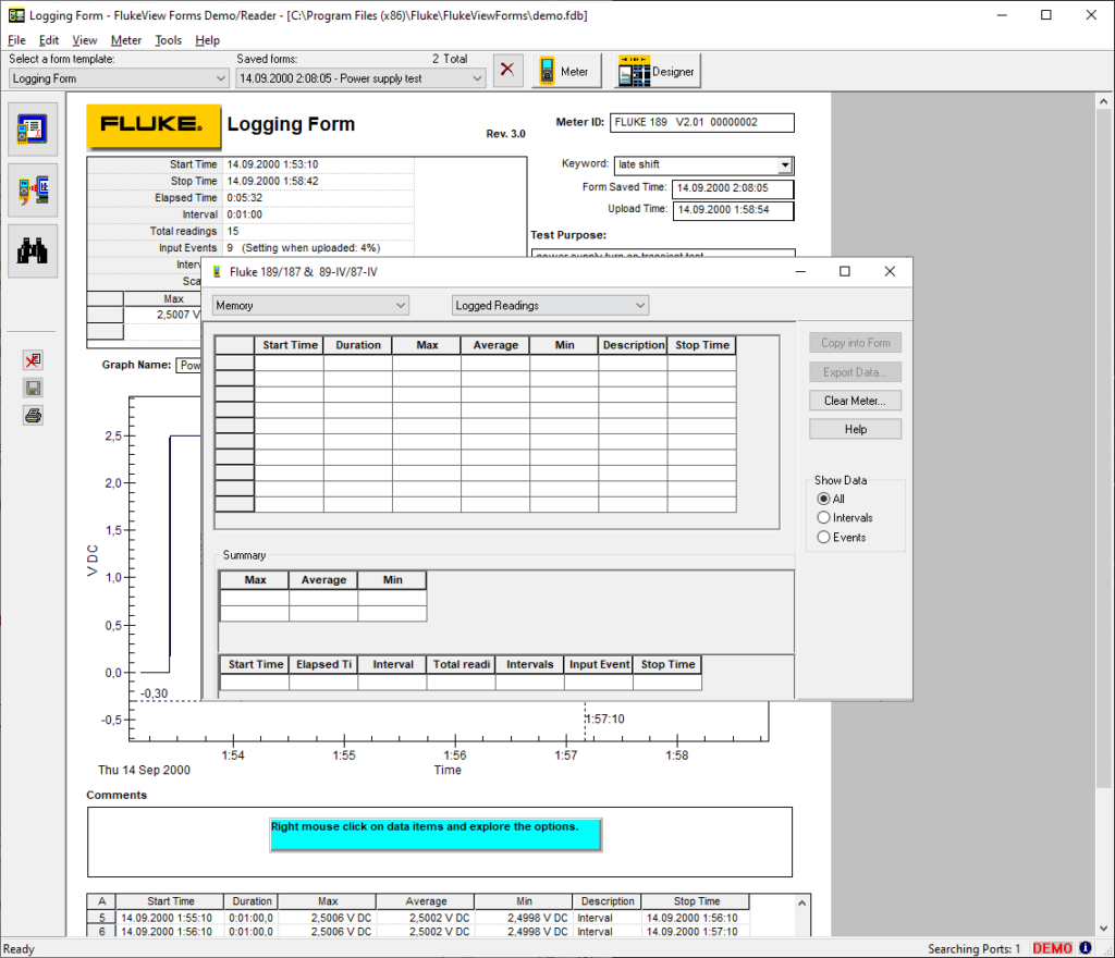 FlukeView Forms Stored readings