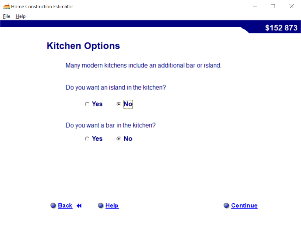 Home Construction Estimator Kitchen options