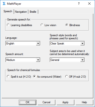 MathPlayer Speech settings