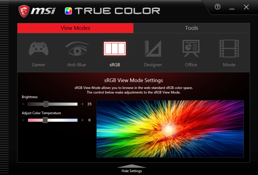 MSI True Color RGB view mode settings
