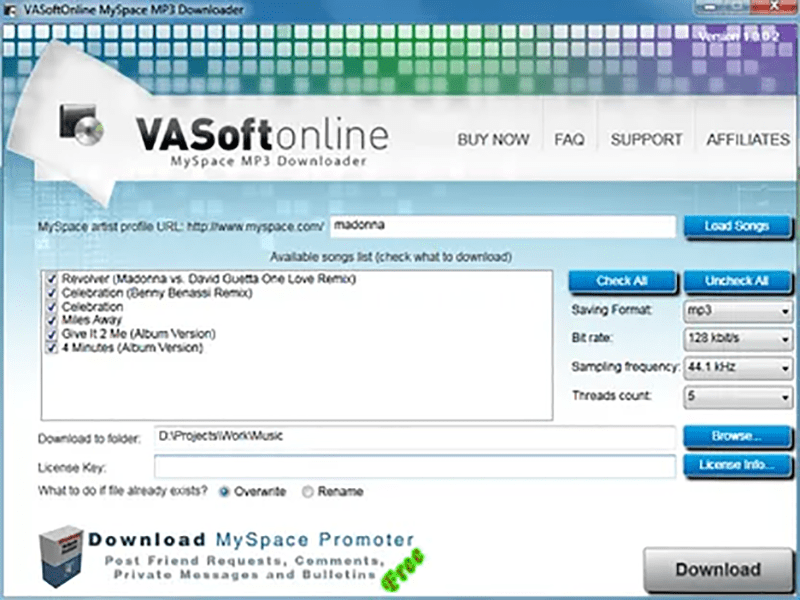 MySpace Music Downloader Output settings