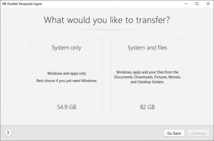 Parallels Transporter Agent Choose content to transfer