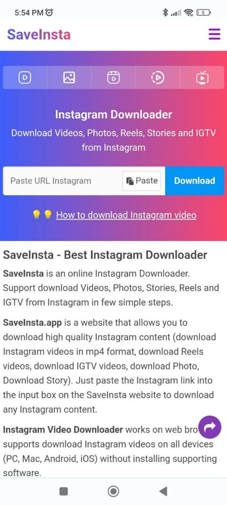 SaveInsta Main page