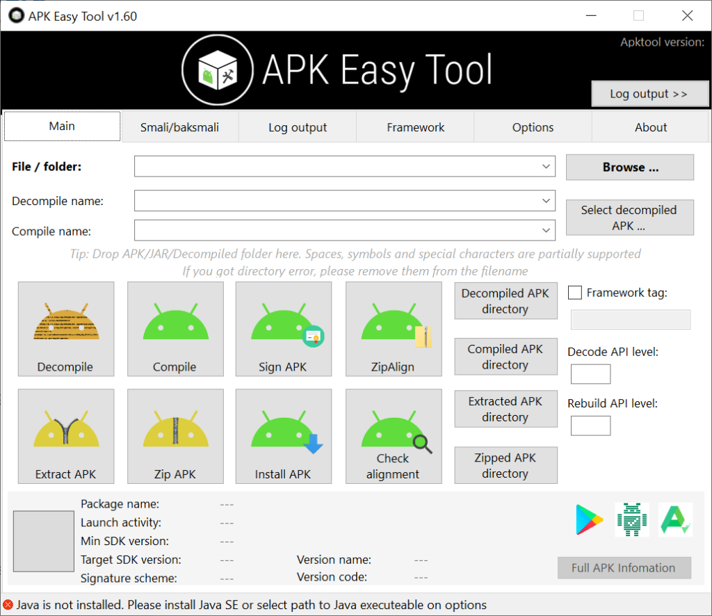 APK Easy Tool Available operations