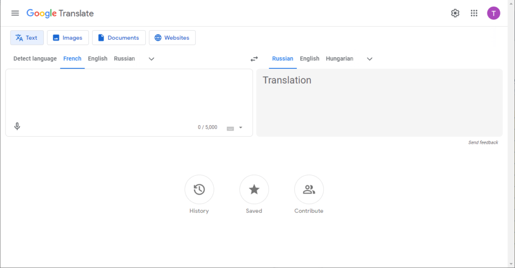 Google Translate Main interface