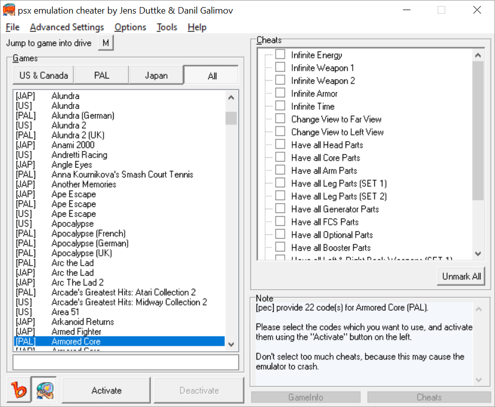 PEC Psx Emulator Cheater Database